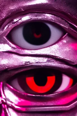 Extreme close-up of the eyes of a robot, soulless, gleaming metallic pink to metallic red, cyberpunk technopunk AbstractTech, rectangular