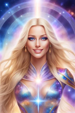 cosmic woman ,beautiful ufos rainbow, admiral from the future, galactic confédération, fine whole face, crystalline skin, expressive purple eyes,rainbow, smiling lips, very nice smile, costume pleiadian, Beautiful tall woman pleiadian Galactic commander, ship, perfect datailed golden galactic suit, high rank, long blond hair, hand whit five perfect detailed finger, amazing big puple eyes, mouth, high définition lips, cosmic happiness, bright colors, blue, pink, gold, jewels, realist,