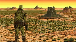 Desert warrior from behind looking at a city in the distance, comic style