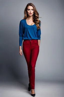 fullbody shot of young-beautiful-german girl-with-a-perfect-face-with-make-up-wearing- blue top and dark red pants standing , prophesional photography studio