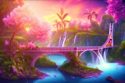 island waterfall palms twigs spring sunset pink flower bridge buterflies