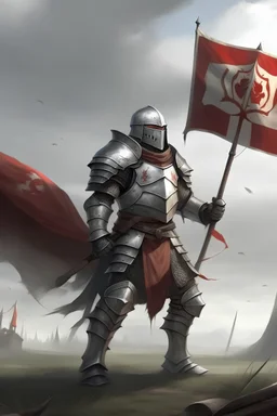 Fantasy Knight in plate armour, carrying a large banner standing on a battlefield