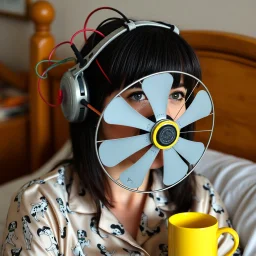 homemade contraption, repurposed desk fan with wires sticking out of the back attached directly to the face of a English woman with dark straight hair and bangs' face, thick rubbery bungee cords wrapped around her head hold the fan in place, yellow coffee mug sitting on nightstand, silk pajamas have small dalmatian dogs in a pattern
