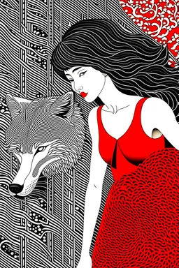 Girl in red dress and big wolf, high quality, highly detailed, Imagine an enchanting illustration inspired by the fusion of Aubrey Beardsley, Chiara Bautista, and Hayao Miyazaki, The composition blend Beardsley's intricate Art Nouveau lines, Bautista's emotionally charged and symbolic characters, and Miyazaki's whimsical and fantastical world-building, The central theme revolve around a surreal and emotionally resonant scene, featuring characters with symbolic elements and set against a backdrop