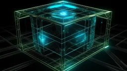 Square tesseract from movie Loki, located strictly in the middle of picture with space around it and with glow in tesseract, but without glow below it, without background or table.