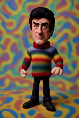 a figurine of a person wearing a sweater, sylvester stallone, inspired by Ron English, made out of wool, high detail iconic character, sylvester stallone, inspired by Wes Wilson, made of wool, toy art, 1968 psychedelic, claymation character, aardman, detailed portrait shot, as a claymation character, insanely super detailed, 3d, 8k, complex details