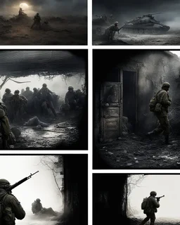 Masterpiece1:5)(Fineart), (award-winning:1.5), highest quality, (ultra realism:1.5) war journalism(,(by Tim Page and Hoorst Faas:1.5)),(Eastern Ukraine:(panel one:the moment after a battle ends, horrors of war, wounded men),(2nd panel, cinematic shot of men sitting in trench with 1000 yard stare (focus on their eyes:1.5)),(the third panel shows troops tired but hyper alert), (the fourth panel shows the sky is filled with incessant, fire and smoke everywhere,)