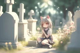 cute chibi anime cat girl in the graveyard, sadly sitting next to a grave, flowers in her hand in sunshine, ethereal, otherwordly, cinematic postprocessing, bokeh, dof