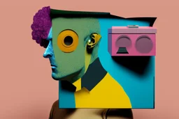 man with head inside a tv box in the style of Eileen Agar