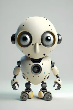 robotic kid with screws instead of eyes. minimalistic and clean enviroment.