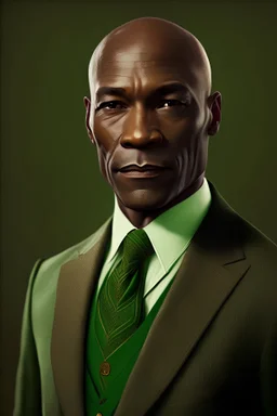 realistic Portrait of a man in his late forties. He wears a brown suit and a green tie and he is bald. dark skin. he looks like a politcian