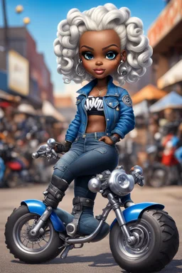 airbrush illustration of the chibi cartoon character, a voluptuous black female in a blue jean outfit with biker boots. Her prominent makeup and hazel eyes, along with her detailed platinum blonde bantu knots, are featured in this image, set against the background of a lively bike show.