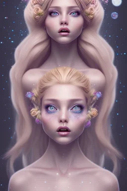 fairy style, head, women, portrai,long hair sketch of a girl on lined paperA beautiful one nude body of a make up smiling woman blond long hair, alone, high key lighting, volumetric light high details with white stripes and blue eye, smiling with plump pink lips, flowers around, unreal engine petit prince belle fine, profil de trois quart, grand front cosmique, peau bleu cristalline, yeux bleu, perle sur le front long cheveux blond et rose etoilé, cristaux sur le corps, collier de grande prince