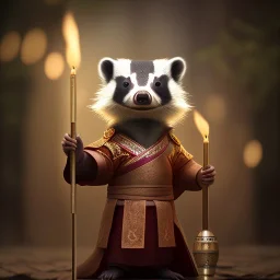 a cute litte badger wearing Hanfu, holding a large candle, BK complex detail, cinema, reality, detail, octane rendering, stoic cinematic 4k epic detailed photograph shot on kodak detailed bokeh cinematic hbo dark moody 8k, 85mm f/16 by leica