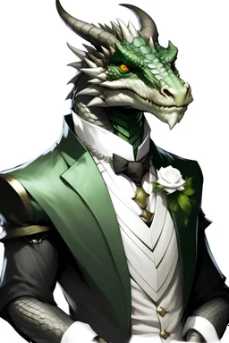 A silver Dragonborn from dnd wearing a tuxedo green eys