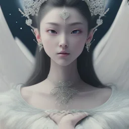 smooth hyper realistic, beautiful Japanese goddess, pale colors, dark cosmos background, cat еye, extremely sharp detail, finely tuned detail, ultra high definition, 8 k, unreal engine 5, ultra sharp focus, accurate sword wings, positive smile, lot of details, fit within portrait, Ambiance winter, perfect composition, perfect hair, perfect hands, finger up gestures