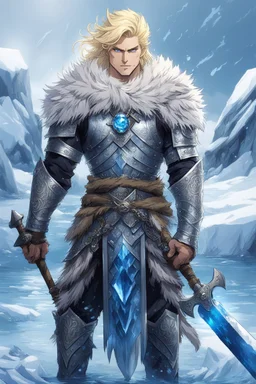 1 anime man. warrior, with blue eyes and blonde hair man in silver Viking armor with fur around the neck with blue crystal on his chest, standing in water in the artic, holding a ice axe, warrior in ,anime style