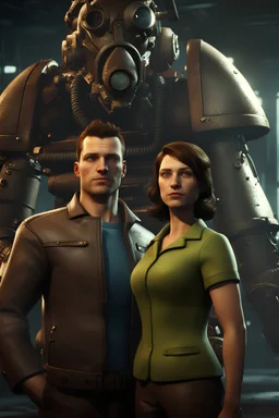 Nico Belic and woman in fallout 4 setting, bokeh, downlight, prize winning, depth of field, monster in background, cartoon grid