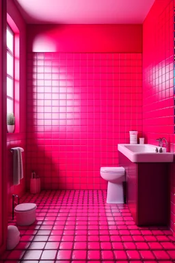 a realistic photo of a bathroom with red tiles and a shower with a pink toilet