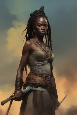 Danai Gurira as "Michonne" movie poster (the walking dead) in the art style of Frank Frazetta