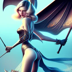 close up of fair girl with bat wings surfing, fantasy art, movie poster