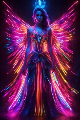 Beautiful woman with dress art neons glowing bright light in the dark and colorful details