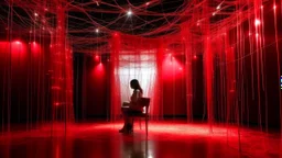 Multiple empty chairs in a room with a reflective floor surrounded by a dense network of red threads that hang from the ceiling like cobwebs, some of the threads are luminous. In only one of the chairs is a woman sitting dressed in white,