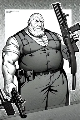 old man behind a bar counter holds a sawed-off shotgun, greyscale