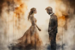 double exposure, merged layers, painted and burned burlap, wedding scene, melting watercolor and black ink outlines on wet paper, soft, shading strokes, in sunshine, ethereal, otherwordly, cinematic postprocessing, bokeh, dof