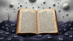 3d, egy kinyitott régi kockás füzet kézírással írva egymás alatti hosszab, és rövidebb sorok, szavak, és listák egymás alatt, de nem olvasható betükkel, around weird whimsical landscape sharp lines, many different size fade pale eyes, fog, dark purple, gray, black, white, brown. nightmare style of Chagall , of Minjae Lee and Anton Semenov, Bosch, lonely in neurotipical life, neuron network background, surreal vibe