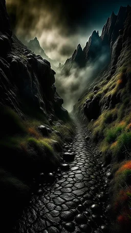 narrow stone path above the ground gradually getting higher into the clouds no railings, dangerous drop people in black leathers medievil period weather is wet spiraling into the clouds fantasy, a mountain with waterfall showing in the background