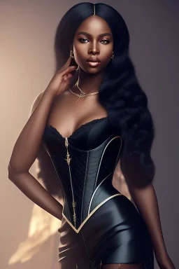 A portrait of a beautiful youthful black woman, wearing a corset, long silky black hair, wizard, magical, ethereal, soft bright lighting. Concept art by wlop. Ultra quality 8k. Fantasy setting.