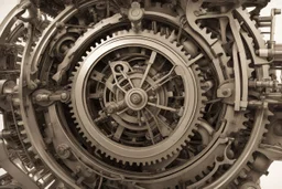 Looking down into a complicated large, victorian, organic, steampunk mechanical engine, with cogs, highly polished metal