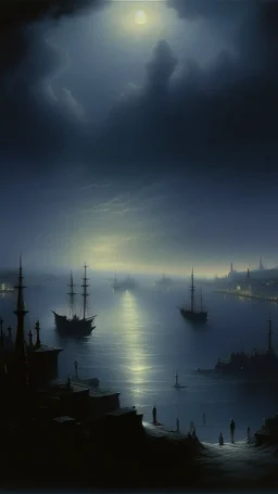 A purplish black city in a shadow realm painted by Ivan Aivazovsky