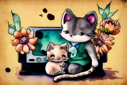 melting watercolor and black ink outlines on wet paper, shading colors, soft stokes, browned, faded, last century style photograph with knitted and embroidered cute chibi anime kitten watching tv in an elegant room, flowers, in sunshine, edges of image appear burnt, ethereal, cinematic postprocessing, bokeh, dof