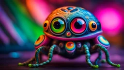 A middle size, jelly-like big eyes-on-stalks, fatt body colorful pastel patterned skin alien creature tanding a floor, full body, high detailed, high textured, sharp focus, deep colors, Professional photography, bokeh, natural lighting, canon lens, shot on dslr 64 megapixels , blur background with neon light, office