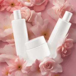 a bottle for cosmetics and a cream jar lies on a beautiful floral background top view, in the background there are beautiful spring flowers and a drop of cream, high-quality picture, top view