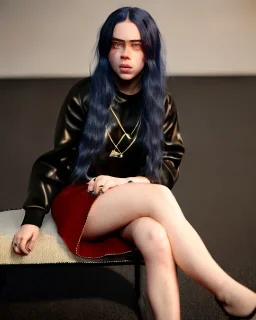 Billie Eilish, sitting on a chair, Black Short Dress, high detail, realistic