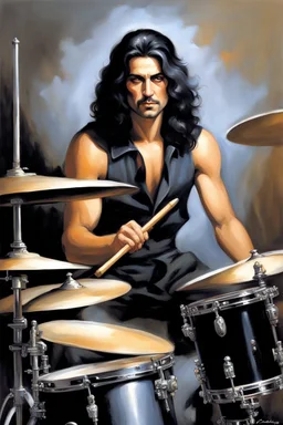 30-year-old George Criscuola (Drummer) with shoulder length, wavy, straight black and gray hair, with his face made up to look like a cat's face, red lipstick - in the art style of Boris Vallejo, Frank Frazetta, Julie bell, Caravaggio, Rembrandt, Michelangelo, Picasso, Gilbert Stuart, Gerald Brom, Thomas Kinkade, Neal Adams, Jim Lee, Sanjulian, Thomas Kinkade, Jim Lee, Alex Ross,