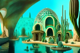 a fantastic underwater city with cactus houses, arches and domes by artists "Leonora Carrington" and "Piranesi"