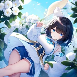 Clear focus,High resolution, Black short fluffy hair, and blue eyes, wearing a light blue short skirt with a white flower pattern near the bottom, Wearing light yellow cut sleeves that have white long flaps under it with a flower pattern near the end, wearing a white collar