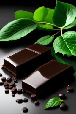Two pieces of dark chocolate with liquid mint filling and a couple of mint leaf around the chocolate