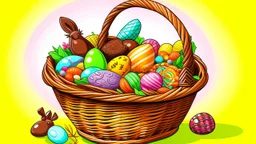 Fantasy cartoon illustration: a basket full of chocolate treats