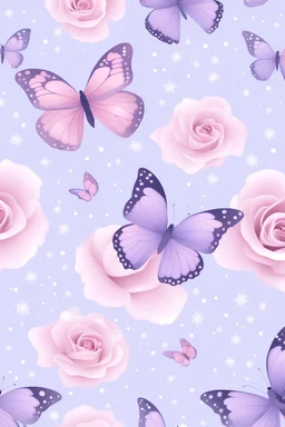 Light pink and light purple butterflies in the snowy winter with roses