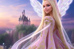 castle in background, beautiful, soft, big smiling, straight and long blonde hair, dewy and shiny atmosphere, diamond crown, long fairy wings in the back, full head, pink veil clothes