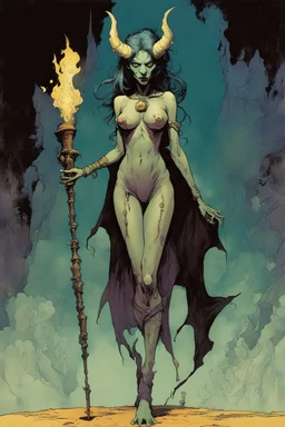 Demon girl wizard Halloween, fullbody, feet point view, in the comic book art style of Mike Mignola, Bill Sienkiewicz and Jean Giraud Moebius, ,