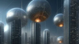 In a futuristic city, massive spheres made of spiders hang between skyscrapers, suspended by glowing threads.