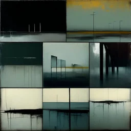 Minimal abstract oil paintings of a desolate concrete 1960s carpark. Road with distant Blurry lights. On the floor are concrete fragments and road markings . In the dark mysterious style of Justin Mortimer and Francis Bacon.