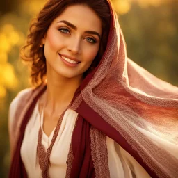 Hyper Realistic Close-up-view of a Beautiful-Young-Happy-Pashto-Woman-with-beautiful-eyes-Smiling with-white-dress-with-maroon-shawl & breeze-whirling in a jungle-with-tall-trees & cloudy-sunset-&-sun-rays showing dramatic & cinematic ambiance