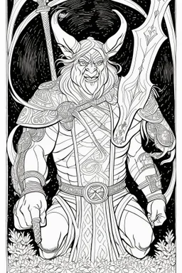 coloring book page of a gigantic troll holding a sword